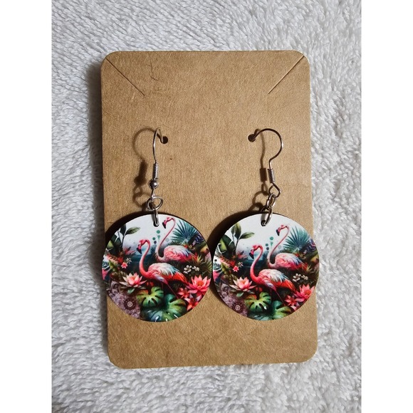 Flamingo Earrings Tropical Floral Dangle Drop‎ Earrings Fun Summer Jewelry - Picture 1 of 1